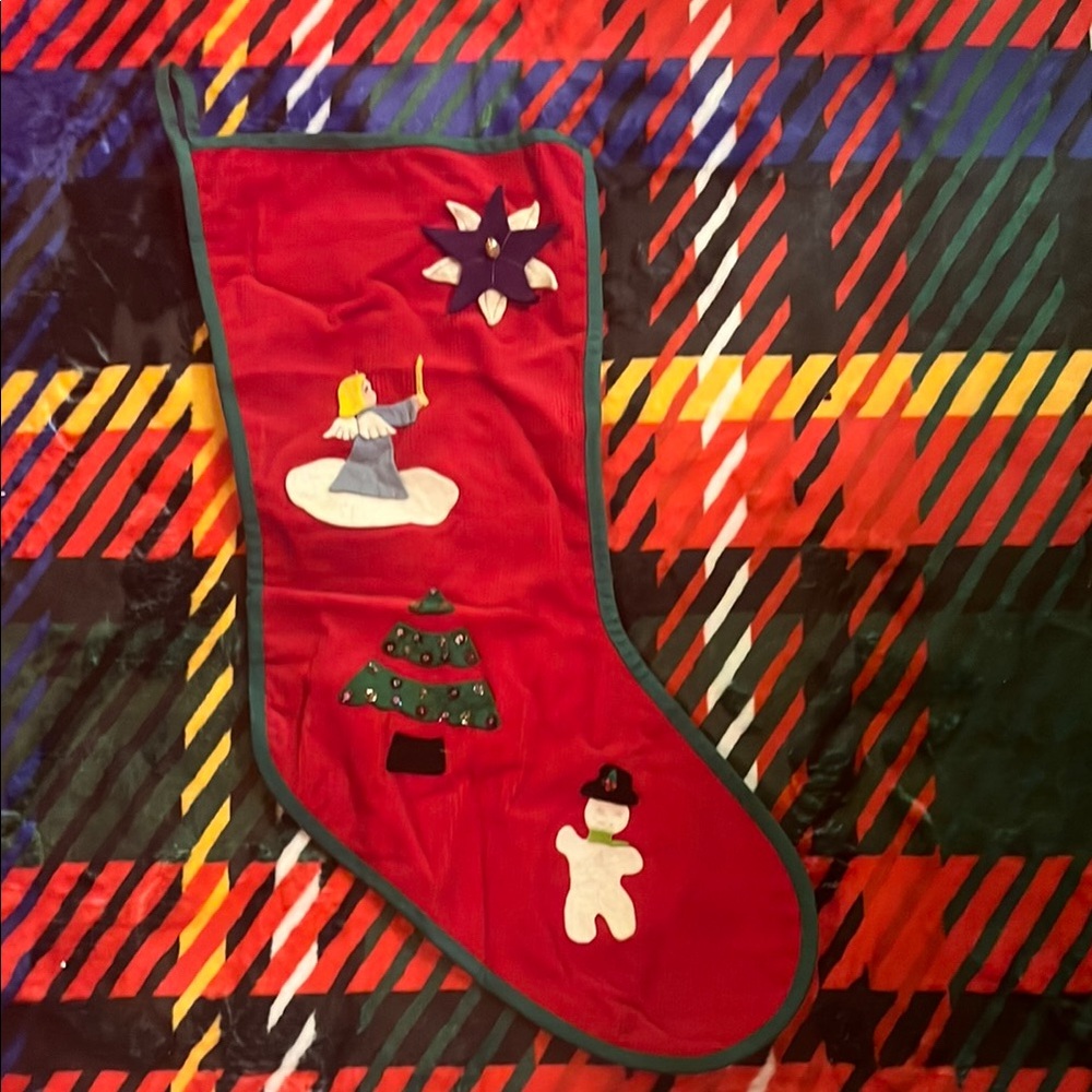 VTG Red Holiday Stocking with Felt Angel, Christmas Tree, Snowman & More